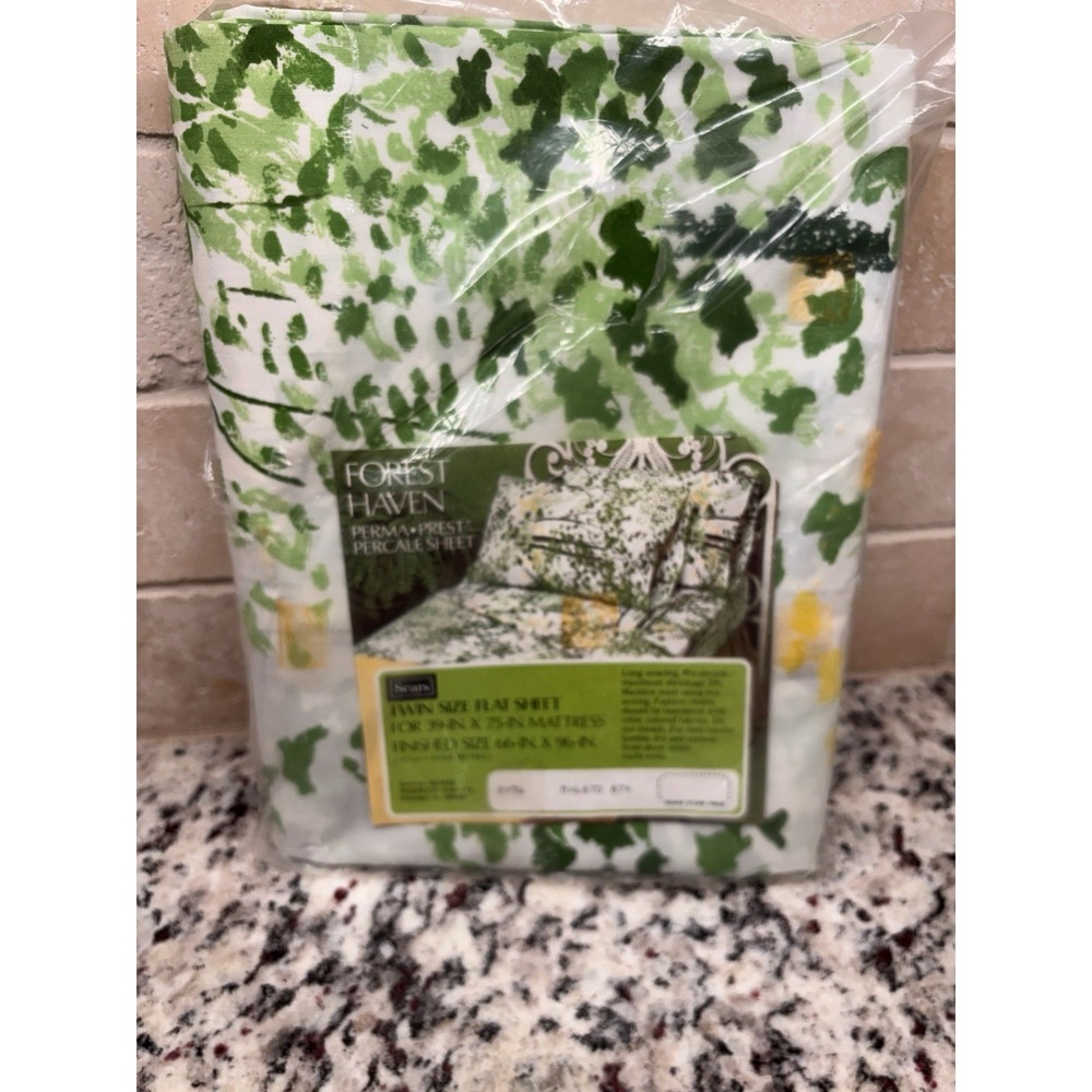 Vtg. Sears Forest Haven Twin Size Flat Sheet Perma-Prest Percale Green Leaf NOS